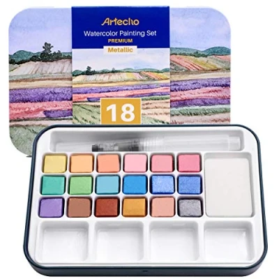Abbildung von Artecho Aquarellfarben Set, 18 Metallic Farben Wasserfarben, Aquarell mit Wassertankpinsel, Tragbar Malkasten, perfekt für Anfänger und Profis, das ideale Geschenk