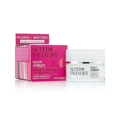 Abbildung von Super Facialist Hagebutte Peaceful Skin Nachtcreme Feuchtigkeitspflege zur Auffüllung und Verjüngung der Haut mit Hyaluronsäure Gurkenöl, sanfte Gesichtspflege, veganfreundlich, 50 ml