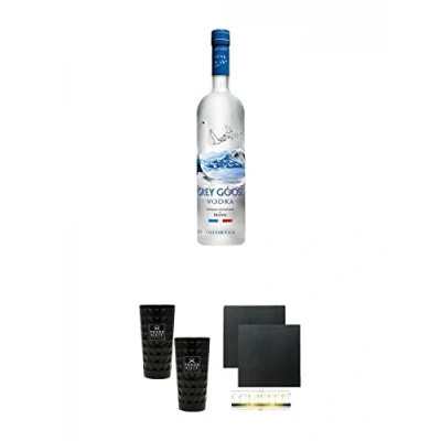 Abbildung von Grey Goose Vodka 0,7 Liter + Three Sixty black Glas 2 Stück (black) Schiefer Glasuntersetzer eckig ca. 9,5 cm Ø