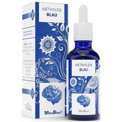 Abbildung von MitoBlue Premium Methylenblau Tropfen Pharmaqualität, Reinst USP, Made in Germany, Pharmazeutische Qualität 50ml, hochwertige 1% Lösung Deutschland produziert &amp; laborgeprüft