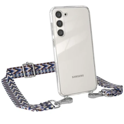 Abbildung von EAZY CASE Handykette Verstellbarer Handyriemen kompatibel mit Samsung Galaxy S23 Plus, Kette für Phone, dünner Riemen, Taschengurt Hülle, DIY Handyband, Blau/Weiß Carabiner Silber