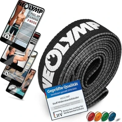 Abbildung von NEOLYMP Lange Fitnessbänder Stoff mit Fitness E Book waschbare Resistance Bands, Widerstandsbänder, Gymnastikband, Fitnessband, Trainingsbänder, Klimmzugbänder, Krafttrainingssets (schwarz)