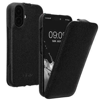 Abbildung von kalibri Flip Hülle Ultra Slim kompatibel mit Apple iPhone 16 Leder Case Schutzhülle Tasche in Schwarz