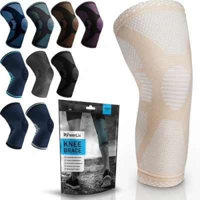 Abbildung von POWERLIX Kniebandage für Damen/Männer, Kompression Kniestütze Meniskusriss, Arthritis, Linddert Kniescherzen, ACL, Laufen, Gewichtheben, Basketball, Volleyball, Sport, Beige, L