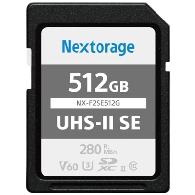 Abbildung von Nextorage Japanischer Hersteller UHS II SD Karte 512GB SDXC V60 Maximale Lesegeschwindigkeit 280MB/s Schreibgeschwindigkeit 150MB/s 4K Aufnahme NX F2SE512G Speicherkarte