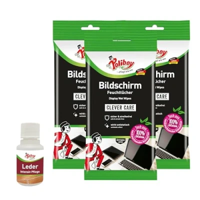 Abbildung von POLIBOY Bildschirm Feuchttücher Displayreiniger Putztücher Mit Antistatikeffekt 3x 15 Tücher Produktprobe Made in Germany