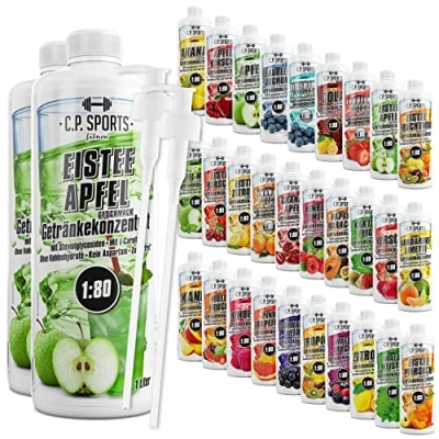 Abbildung von C.P. Sports Getränkesirup für Mineraldrink I Sirup zuckerfrei Vital Drink EISTEE APFEL mit Vitaminen Getränkekonzentrat zum Mischen Wasser Sport Getränk 2 Liter + Pumpspender