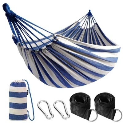 Abbildung von ANYOO Hängematte Outdoor Baumwolle Bequemer Stoff mit Baumfreundlichen Gurten zum Aufhängen, Robuste Tragbare Reisetasche für Garten, Indoor, Balkon, Terrasse, Camping