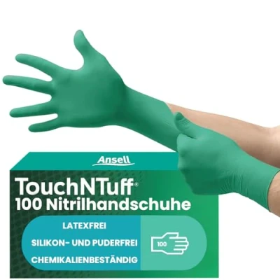 Abbildung von Ansell TouchNTuff 92 600,Nitril Einmalhandschuhe, Einweghandschuhe für Lebensmittel, Chemikalienschutzhandschuhe mit hohem Schutz, Latexfreie Handschuhe, Grüne Nitrilhandschuhe, 100 Stück, Gr. L
