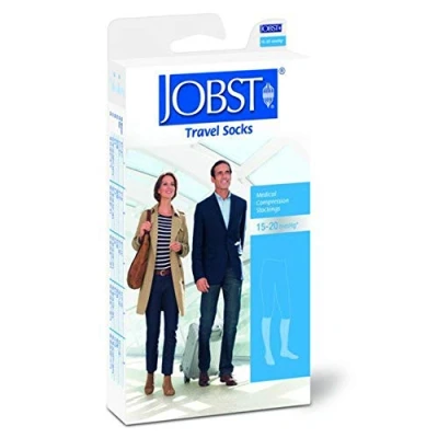 Abbildung von JOBST Travel Reisestrümpfe für Damen und Herren hilft, Reisethrombosen vorzubeugen weich, atmungsaktiv dank 33% Baumwollanteil, Beige, Size 3