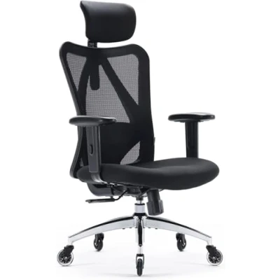 Abbildung von SIHOO Ergonomischer Schreibtischstuhl, Drehstuhl hat Verstellbarer Lordosenstütze, Kopfstütze und Armlehne, Höhenverstellung Wippfunktion, Rückenschonend, Bürostuhl bis 150kg/330LB Belastbar