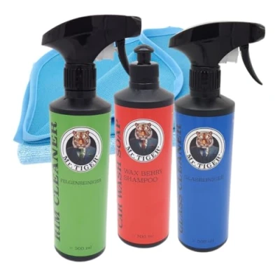 Abbildung von Mr. TIGER Aussenpflege Set Auto Pflegeset Außenreinigungsset Autowaschset Felgenreiniger + Wax Berry Shampoo Glasreiniger Mikrofasertuch Glas Turbo Trocken (5 teilig)