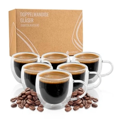 Abbildung von Exitoso doppelwandige Latte Macchiato gläser 80ml 6er set kaffeegläser Borosilikatglas Kaffeetassen Glas cappuccino mit Henkel