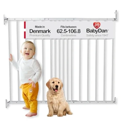 Abbildung von BabyDan Copenhagen, 62,5 106,8 cm, ausziehbare Treppengitter/Babygitter/Sicherheitsgitter, Metall, weiß, hergestellt in Dänemark (Haustiergitter/Hundegitter)