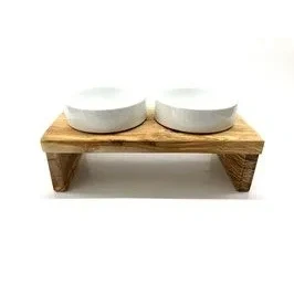 Abbildung von Olivenholz erleben Futternapf Futter und Fress Station DANDY PLUS mit 2 Porzellanschalen, Porzellan, Antirutsch Pads schöne Haptik