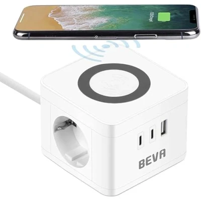 Abbildung von Steckdosenwürfel, BEVA Cube Steckdosenleiste 2 Fach + 3 USB mit Wireless Ladefunktion Mehrfachsteckdose Schutzkontakt Desktop Ladestation, Handy Ladegerät für Reise, Haushalt und Büro, Weiß