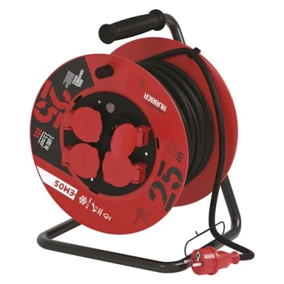 Abbildung von EMOS Kabeltrommel 25m 4 Schuko Steckdosen wasserdicht, schlagfest, hitze &amp; kältebeständig 230V, 16A, 3680W Gummi Isolierung H05RR F3G 2,5 mm2 IP44 für Außenbereich