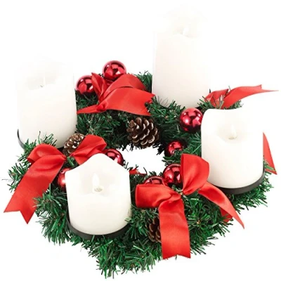 Abbildung von Britesta Gesteck LED Kerze: Adventskranz, rot, 4 weiße Kerzen mit bewegter Flamme (Adventskranz geschmückt, Tischgestecke, Kabellose Weihnachtskerzen)