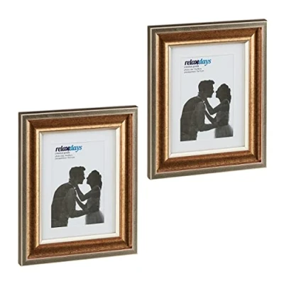 Abbildung von Relaxdays Bilderrahmen 2er Set, 15x20 cm, Hoch &amp; Querformat, Fotorahmen zum Aufhängen, Hinstellen, Passepartout, gold