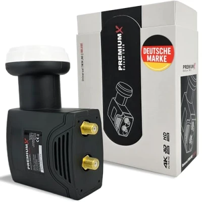 Abbildung von Premium X Deluxe Twin LNB Signalumsetzer für 2 Teilnehmer mit digitalem SAT Empfang in HD, UHD &amp; 4K. DVB S2 Unterstützung PLL Referenzoszillator höchste Frequenzstabilität Leistung
