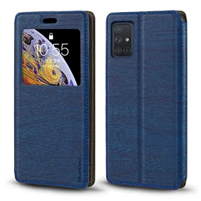 Abbildung von Schutzhülle für Samsung Galaxy A71, Holzmaserung, Leder, mit Kartenhalter und Fenster, Magnetverschluss, A71 (Blau)
