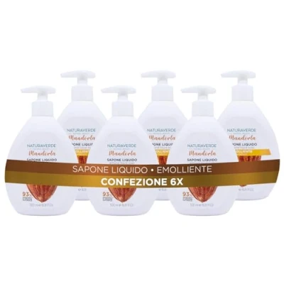 Abbildung von Naturaverde Natural Beauty Mandel Flüssigseife, erweichende Handseife, Inhaltsstoffe natürlichen Ursprungs, 6 x 500 ml