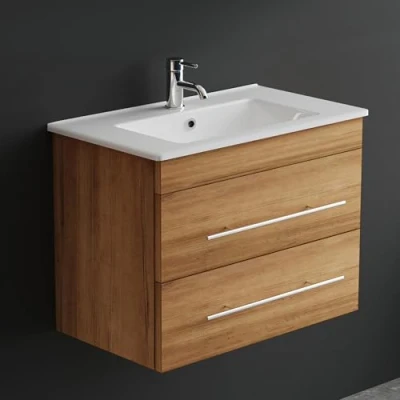 Abbildung von Alpenberger Badmöbel Set mit Waschbecken Badschrank 2 Schubladen Hängeschrank Bad Waschtisch Unterschrank Badezimmer Möbel Waschbeckenunterschrank Bamboo 70 cm