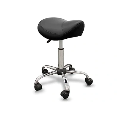 Abbildung von QUIRUMED Pony Hocker, ergonomisch, mit Stahlgestell, Schwarze Farbe, Kunstlederpolsterung, höhenverstellbar, gepolsterter Sitz, drehbare Räder, bis 150 kg