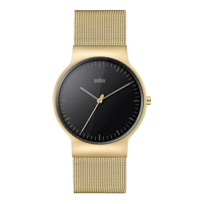 Abbildung von Braun Schlanke Herren Analog Quarzuhr mit 3 Zeigern, schwarzes Zifferblatt und goldenes Milanaise Armband, 38 mm Goldgehäuse, Modell BN0211BKGDMHG.