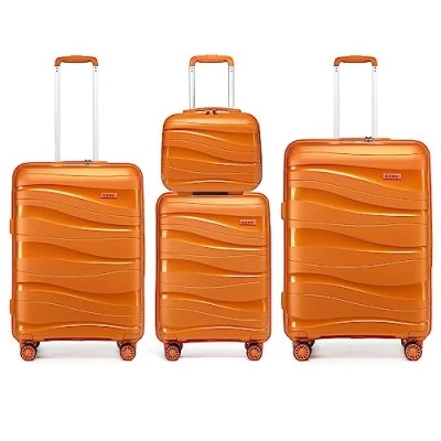 Abbildung von KONO Koffer Trolleys Gepäcksets 4 Teilig Set mit Beautycase Polypropylen Hartschalenkoffer Reisekoffer Rollen und TSA Schloss, Kofferset XL L M Handgepäck Kosmetikkoffer (Orange)