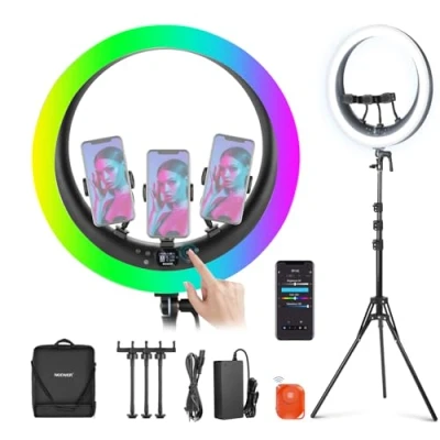 Abbildung von NEEWER 19&quot; RGB Ringlicht LED Ring Light mit Ständer 3 Telefonhalterungen Touchpanel 2,4G/App Steuerung 42W CRI97+ 2800Lux/0,5m 360 Farbton dimmbar Profi Leuchte für Make up Live Streaming Zoom RP19C
