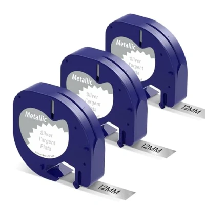 Abbildung von 3er Pack Etikettenband Kompatibel mit Dymo LetraTag 12mm x 4m Metallic Silver Plastik LT 100H,200B,XR,LT 110T,QX50,2000,XM Wasserfest UV Beständig