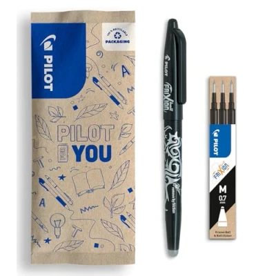 Abbildung von PILOT Set bestehend aus 1 FriXion Ball und mit 3 Minen Radierbarer Stift wärmeempfindlicher Tinte Nachfüllbarer Rollerball recyceltem Kunststoff Schwarz Mittlere Spitze