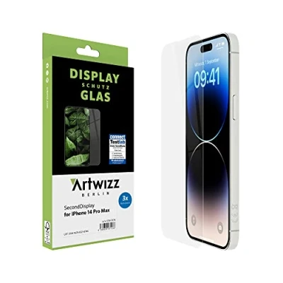 Abbildung von Artwizz SecondDisplay Schutzglas kompatibel für iPhone 14 Pro Max 3 Stück HD Displayschutz aus Sicherheitsglas, 9H Härte