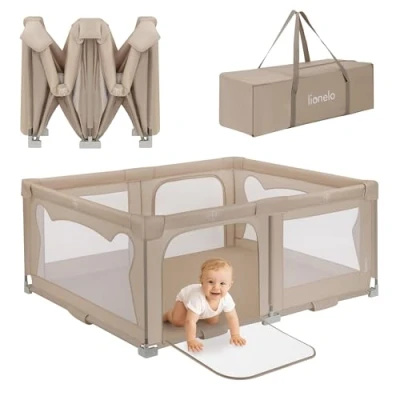 Abbildung von Lionelo Kinderlaufgitter 150 x 180 75 cm Florence Easy Fold, atmungsaktives Netz, sicher, tragbar, einfach zusammenklappbar, 2 Eingänge mit Reißverschluss, Reisetasche
