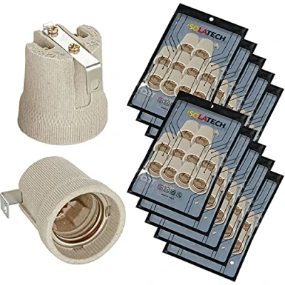 Abbildung von ISOLATECH 100Stk E27 grau Keramik Fassung mit Befestigungswinkel/Innenbügel (max.250V/4A) Leuchtmittel für Home Decke Installation Badezimmer Küche Kühlschrank Halterung Sockel einbauen hitzebeständig