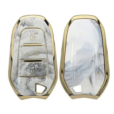 Abbildung von kwmobile Autoschlüssel Hülle kompatibel mit Peugeot Citroen 3 Tasten Smartkey (nur Keyless Go) TPU Schlüsselhülle Cover Marmor Gold Weiß Grau