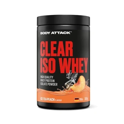 Abbildung von Body Attack Clear Iso Whey Ice Tea Peach, 300g Made in Germany Erfrischendes, klares Protein Isolat 24 g und 11.400 mg EAAs pro Shake, zucker &amp; fettfrei