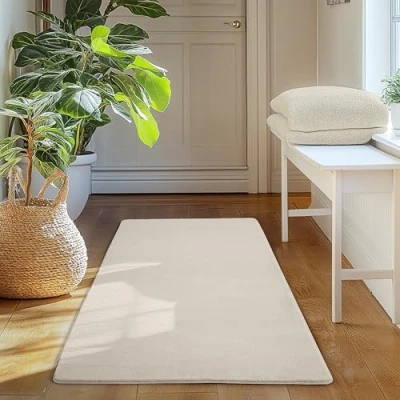 Abbildung von SIMPEX Läufer Teppich Creme 60x100 cm Kurzflor Waschbar, weich &amp; rutschfest, modernes einfarbiges Design für Schlafzimmer, Küche Flur