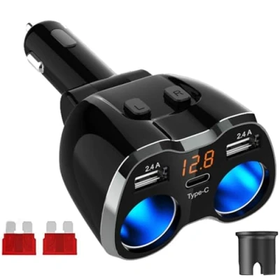 Abbildung von USB C Auto Ladegerät Zigarettenanzünder Verteiler Adapter Splitter Typ KFZ 2 Fach Steckdose 12V/24V DC 120W mit LED Voltmeter Schalter Dual Port