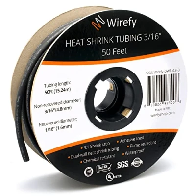 Abbildung von Wirefy Schrumpfschlauch Metrware mit Kleber 15m 3:1 Schrumpfverhältnis, Doppelwandiger Wasserdicht Heat Shrink Tube Set Schwarz Ø 4,8mm