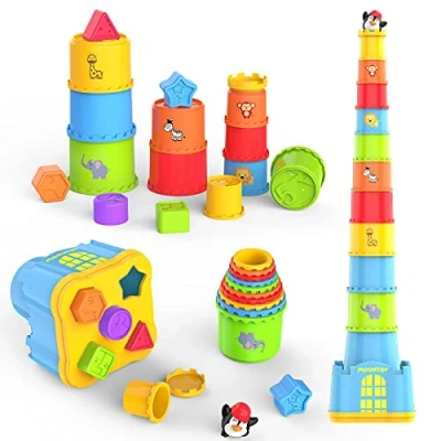 Abbildung von MOONTOY Baby Stapelbecher ab 1 Jahr,Stapelturm,Stapelwürfel 12 Monate,Montessori kinderspielzeug 2 3 Jahr, Badewannen und Sandspielzeug für drinnen, draußen, Lernspielzeug Geschenk