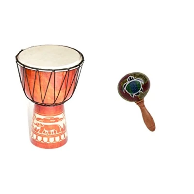 Abbildung von Große 60cm Djembe Holz Trommel Bongo Ziegenfell Elefant + Rassel Schildkröte R1