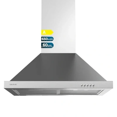 Abbildung von Cecotec Dunstabzugshaube 60 cm Pyramide Bolero Flux PM 606500 Inox A. 165W Motor, Edelstahloberfläche, 650m3/h Absaugung, mechanische Steuerung, 3 Leistungsstufen, Licht und Aktivkohlefilter