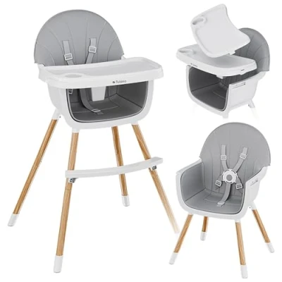 Abbildung von TULANO Morsel Grey Kinderhochstuhl 2 in 1 Hochstuhl Babystuhl Kombihochstuhl Abnehmbare Tablett 5 Punkt Gurt Fußstütze Rutschfeste Beine Holz Mitwachsend ab 6 Monate bis Jahre Grau