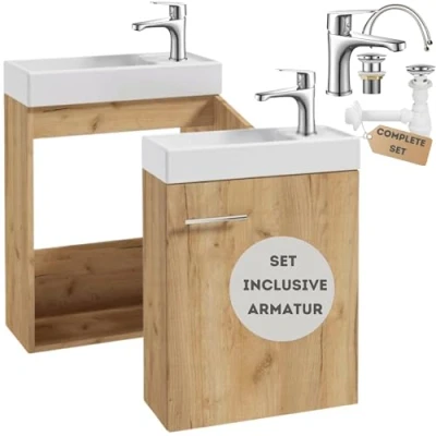 Abbildung von Deftrans Waschtisch mit Unterschrank 50 x 70 21,3 cm Badschrank Eiche, Hängeschrank Waschbecken und Armatur, modernes Badmöbel Set, schmaler Badezimmerschrank für stilvolle Badezimmer