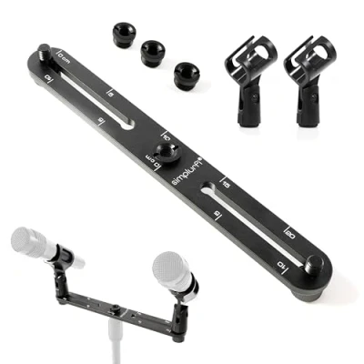 Abbildung von Simplurfi Mikrofon Halterung mit linierten Markierungen, für 2 Mikrofone, X Y und ORTF T Bar Halterung, passend 3/8 Zoll 5/8 Mikrofonständer mitgeliefertem Adapter
