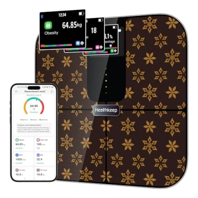 Abbildung von Healthkeep Personenwaage, angeschlossen, Bluetooth, mit TFT Farbdisplay und ITO Technologie, 25 Körperdaten Herzfrequenz, App, für Android iOS, 180 kg/400 lb/28st, Braun