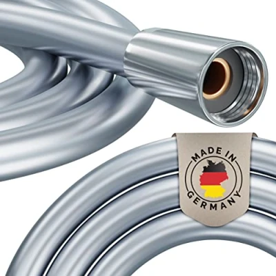 Abbildung von PRISMA Brauseschlauch 2m mit doppeltem Verdrehschutz. Duschschlauch 200cm MADE in GERMANY Extrem flexibel, verdrehsicher, Knickschutz. Kunststoffschlauch Drehwirbel Edelstahl Optik