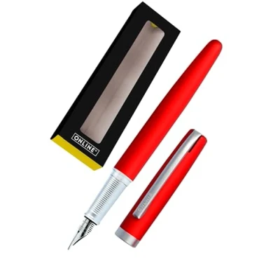 Abbildung von ONLINE Füller Eleganza I Metall Farbe Satin Rot Federstärke M Metallclip inkl. Tintenpatrone Schreibfarbe Blau Füllhalter für Standard Tintenpatronen Geschenkverpackung